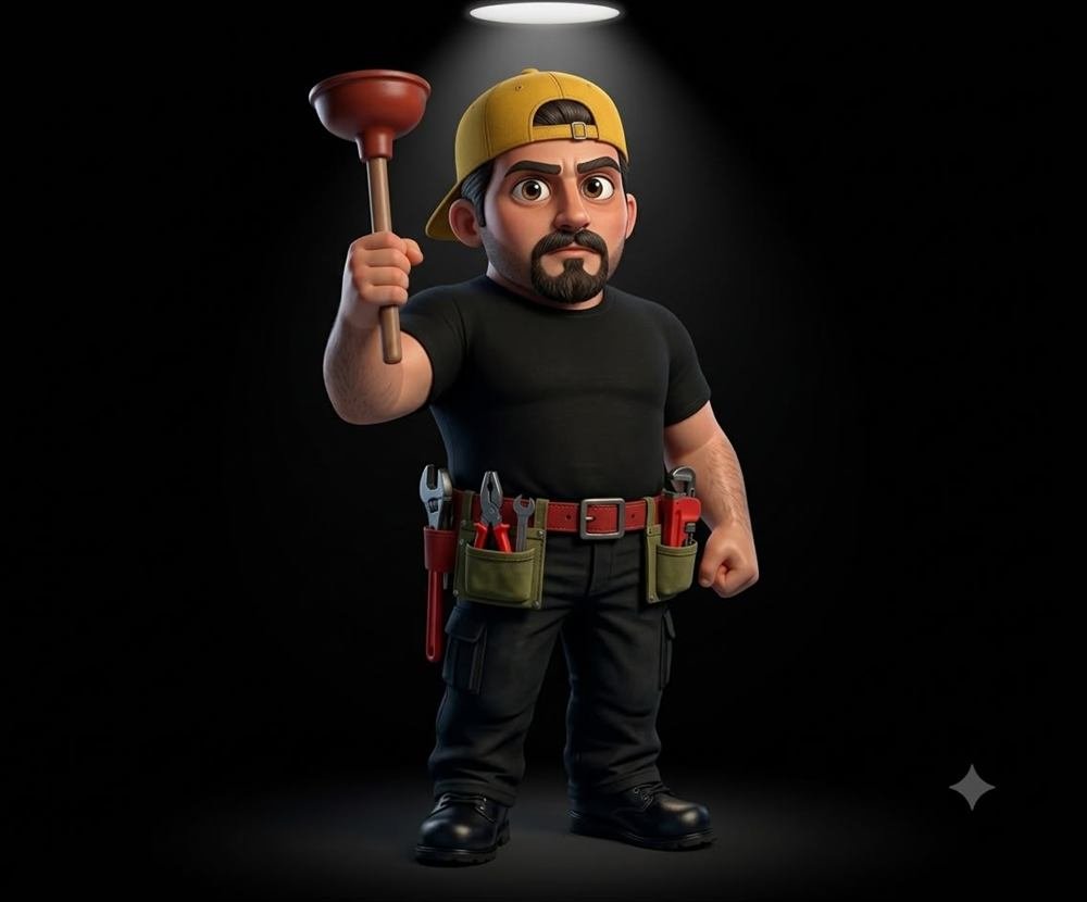 Ilustración de un técnico de Destapaciones Mario con destapador y herramientas